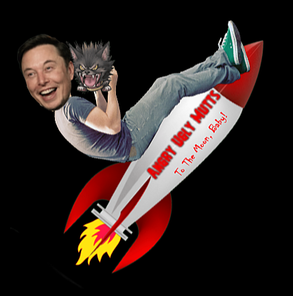 Elon grinning while riding on rocket ship with an angry ugly mutt